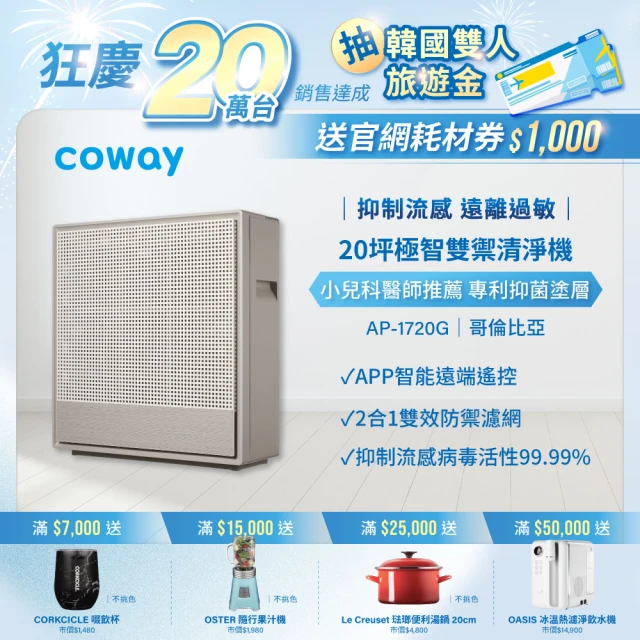 【Coway】10-20坪 極智雙禦空氣清淨機 AP-1720G(APP智能遠端遙控)