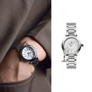 【Vivienne Westwood】銀色系 貝殼面 羅馬刻度 小裝飾設計 銀色不鏽鋼錶帶 經典腕錶 手錶(VV006PSLSL)