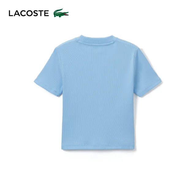 【LACOSTE】女裝-唱歌鱷魚繡花羅紋短袖T恤(藍色)