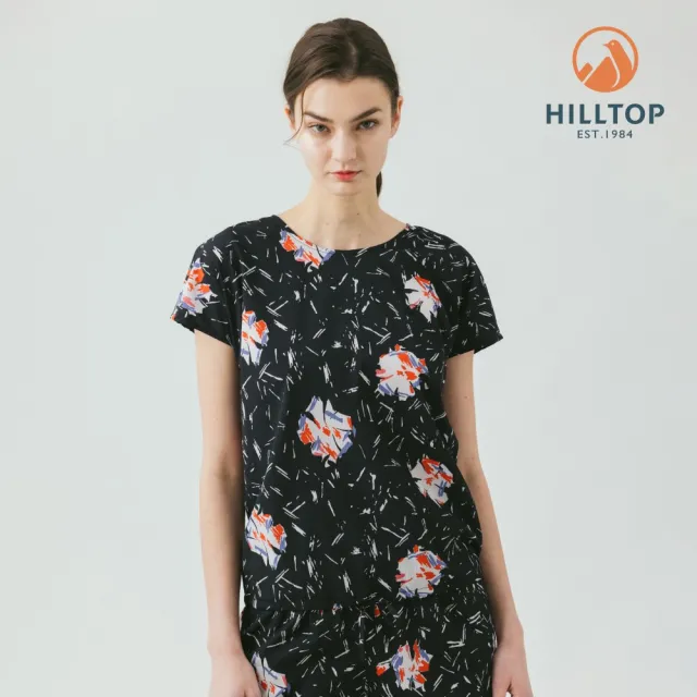【Hilltop 山頂鳥】抗UV吸濕快乾彈性印花短袖上衣 女款 黑色印花|PS06XF66ECAZ