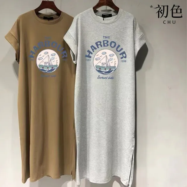 【初色】買一送一 韓系中大碼印花圖案圓領短袖T恤洋裝 -2件組/6款任選-33861(M-2XL可選)