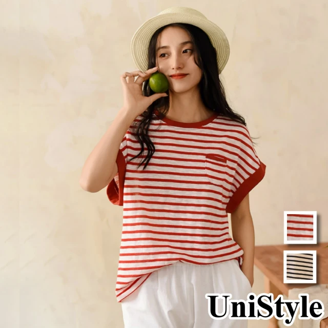 UniStyle 條紋短袖T恤 原創款撞色輕薄鬆弛感上衣 女 FA6298(藍白條 紅白條)