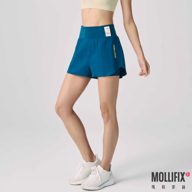 【Mollifix 瑪莉菲絲】多功能口袋雙層運動短褲、瑜珈褲、短褲、瑜珈服(礦藍)