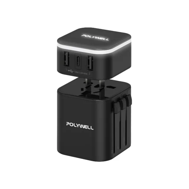 【POLYWELL】雙USB+Type-C多國旅行充電頭(2A1C 國際電壓 旅行必備)