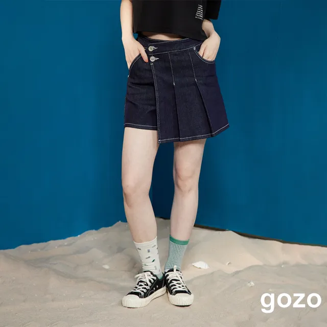 【gozo】彈性牛仔不規則百褶短褲裙(藍色)