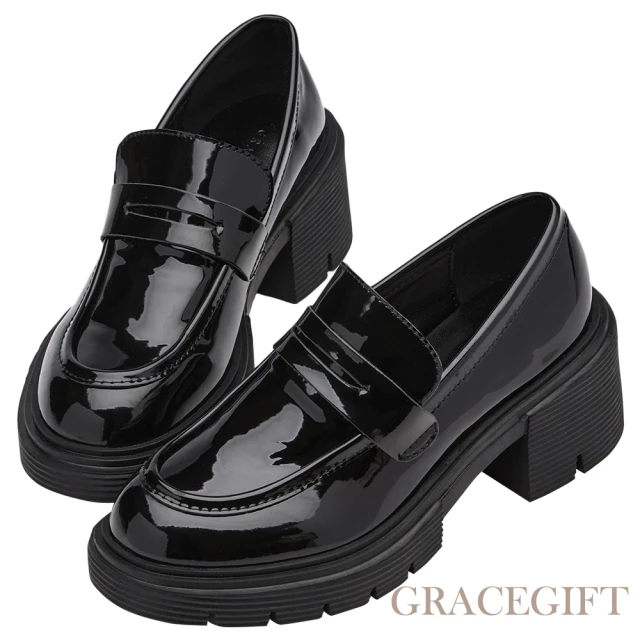 Grace Gift 便仕設計厚底中高跟樂福鞋(黑漆) 推薦