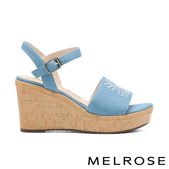 【MELROSE】美樂斯 夏日輕旅 浪漫LOGO刺繡花朵寬帶布面楔型厚底涼鞋(藍)