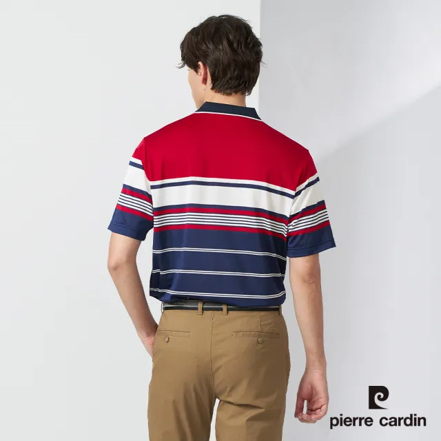 【pierre cardin 皮爾卡登】網路獨家 男款 Hi Cool彈力吸濕排汗條紋短袖POLO衫-紅色(7227263-79)