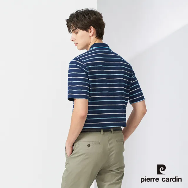 【pierre cardin 皮爾卡登】網路獨家 男款 棉質混紡條紋短袖POLO衫-丈青色(7217273-38)