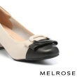 【MELROSE】美樂斯 雲朵後跟 時尚品味撞色方釦鞋花全真皮方頭高跟鞋(白)