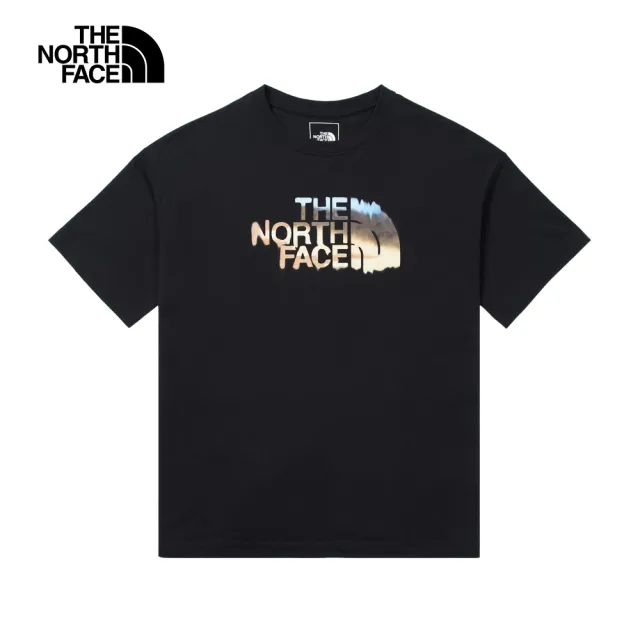 【The North Face 官方旗艦】【Woman 首推款】北面女款黑色純棉戶外印花結合品牌標誌寬鬆短袖T恤｜88GRJK3