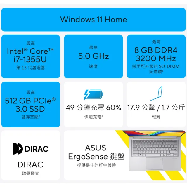 【ASUS】Type-C HUB組★15.6吋i7輕薄筆電(VivoBook X1504VA/i7-1355U/16G/1TB SSD/W11)