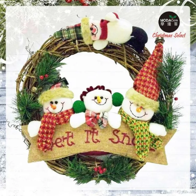 【摩達客】耶誕-13吋聖誕雪人家族麻布樹藤花圈(免組裝/本島免運費)