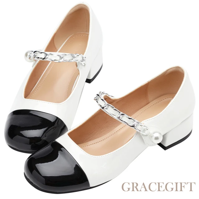 Grace GiftGrace Gift 珍珠小千金拼接中跟瑪莉珍鞋(白x黑)