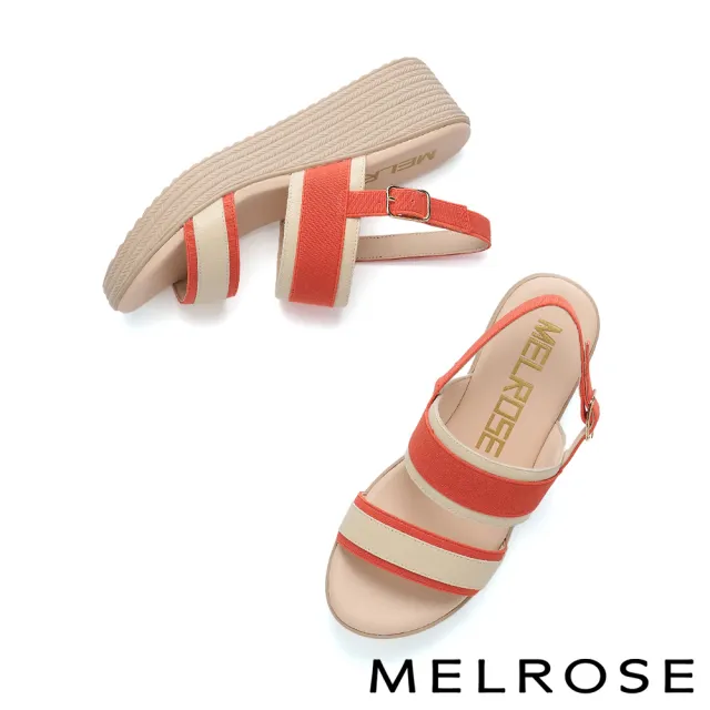 【MELROSE】美樂斯 夏日輕旅 日常雙色一字造型羊皮拼接布厚底涼鞋(橘)