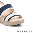 【MELROSE】美樂斯 夏日輕旅 日常雙色一字造型羊皮拼接布厚底涼鞋(藍)