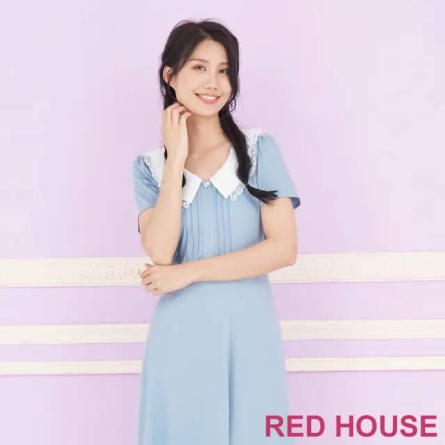 【RED HOUSE 蕾赫斯】輕柔雙層蕾絲領氣質洋裝(水藍色)