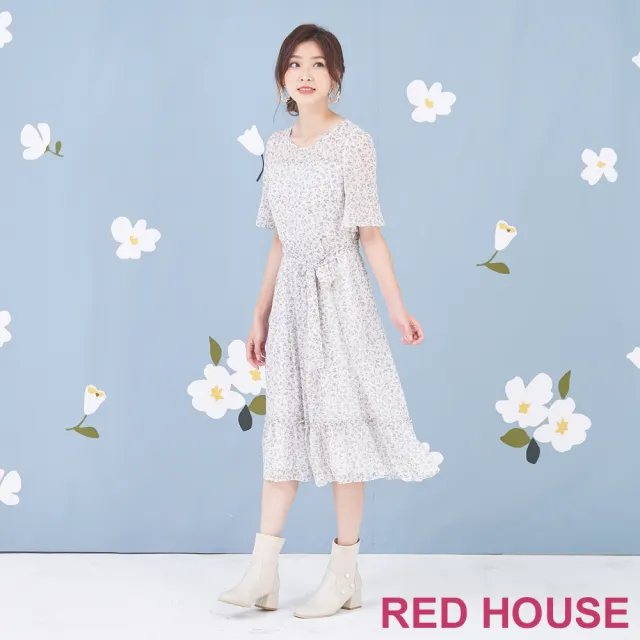 【RED HOUSE 蕾赫斯】清新小碎花雪紡長洋裝(米白色)