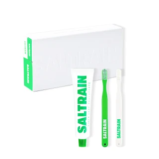 【SALTRAIN】積雪草三件組-綠(積雪草修護灰鹽牙膏100g+牙刷-綠*2 專櫃公司貨)