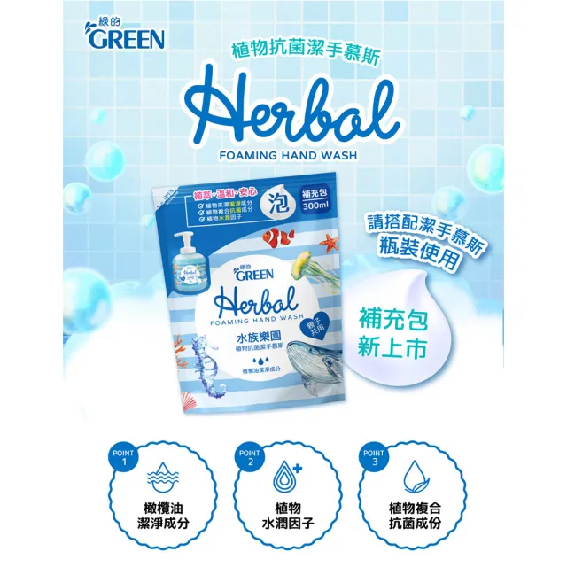 【Green 綠的】植物抗菌潔手慕斯300ml補充包(洗手 洗手慕斯 水族樂園)