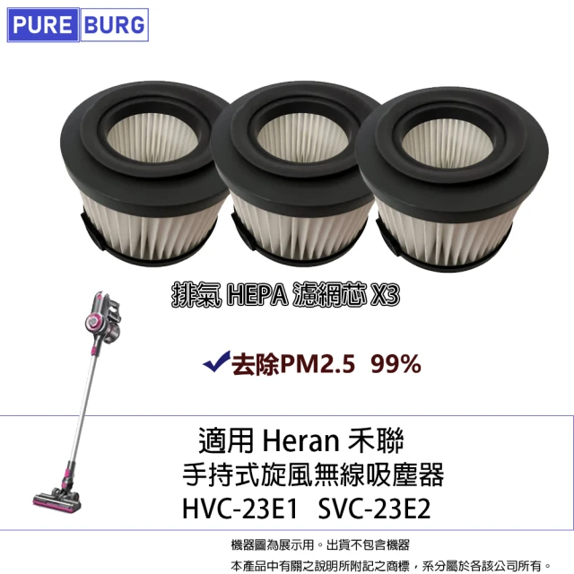 【PUREBURG】3入組-適用 Heran 禾聯HVC-23E1 SVC-23E2無線除蟎吸塵器替換用高效HEPA濾網濾芯