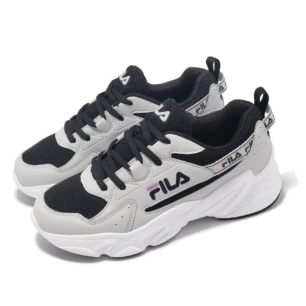 【FILA】休閒鞋 Hidden Tape 7 女鞋 灰 黑 皮革 緩衝 厚底 老爹鞋 斐樂(5J944X400)