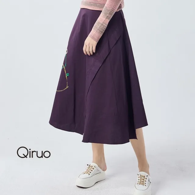 【Qiruo 奇若名品】春夏專櫃紫色長裙4124B 拼接時尚線圖(M-2XL)