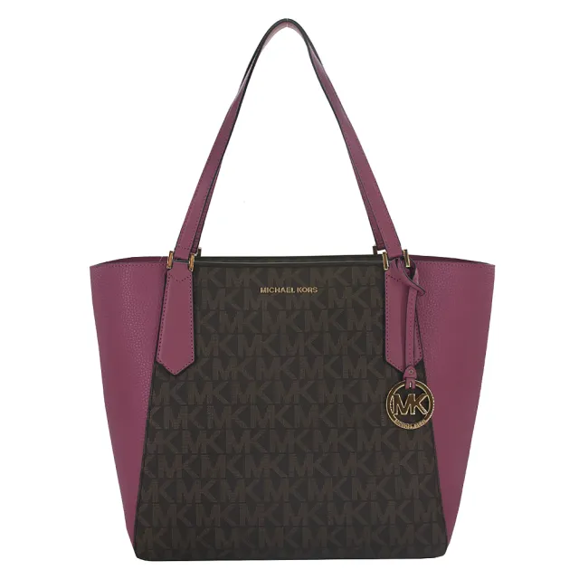 【Michael Kors】KIMBERLY滿版拼接肩背托特包大(深咖啡/桃粉色)