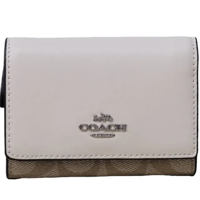 【COACH】COACH 經典馬車LOGO三折釦式短夾多色可選 黑色 白拚卡其(拉鍊零錢包/三折短夾/贈原廠紙袋紙盒)