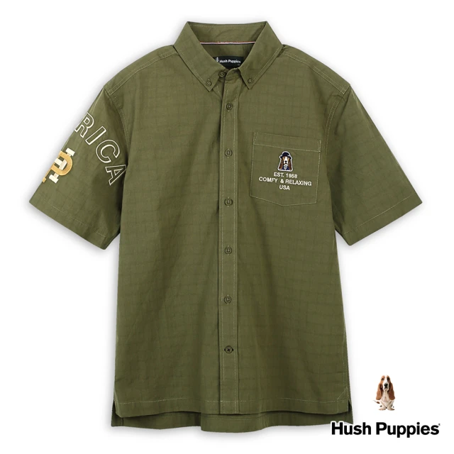 Hush Puppies 男裝 襯衫 經典品牌英文毛巾繡漁夫帽狗寬版短袖襯衫(軍綠 / 43112110)