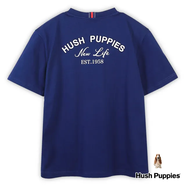 【Hush Puppies】男裝 T恤 素色經典刺繡狗品牌英文印花短袖T恤(深藍 / 43111101)
