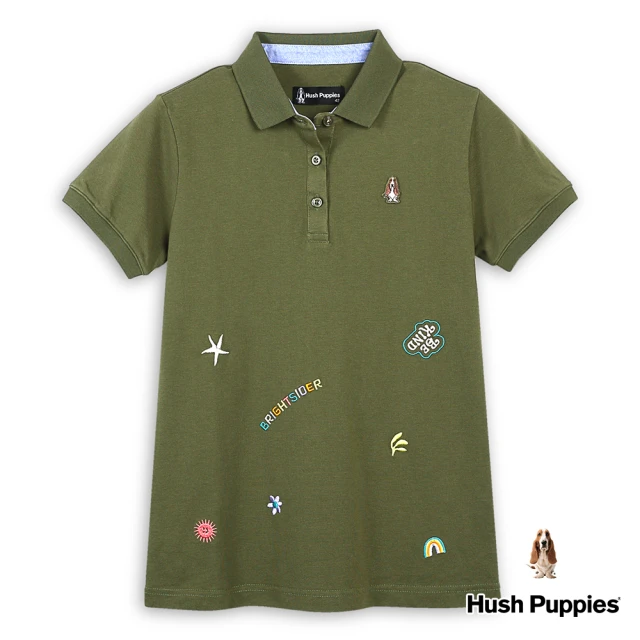 Hush Puppies 女裝 POLO衫 趣味繡花刺繡小狗短袖POLO衫(軍綠 / 43201105)