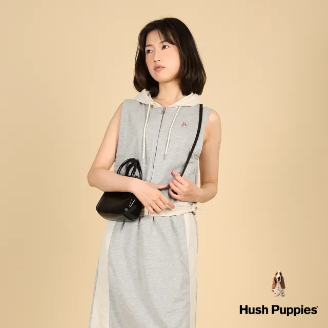 【Hush Puppies】女裝 背心 異材質拼接休閒連帽背心(麻灰 / 43217103)