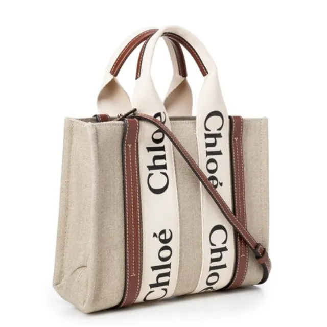 【Chloe’ 蔻依】CHLOE WOODY SMALL 小號 棕色/深藍 牛皮 亞麻帆布 托特包 手提包 斜背包(C22AS397I26)