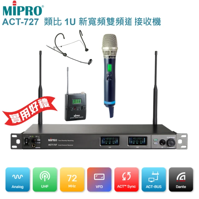 【MIPRO】ACT-727 配1頭戴式+1手握式ACT-700H麥克風(UHF類比寬頻雙頻道無線麥克風)