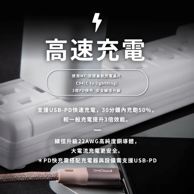 【PX 大通】iPhoneMFi認證粉色1米兩年保固UCL-1P蘋果手機線平板PD快充充電線(USB C Lightning iPHONE IPAD)