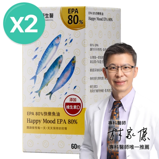 【大研生醫】EPA 80%快樂魚油60粒x2盒(rTG型式高濃度.高吸收率.添加陽光營養素維生素D)