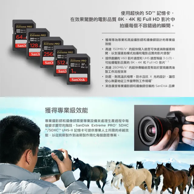 【SanDisk 晟碟】[全新版 再升級] 64GB Extreme PRO SDXC UHS II 記憶卡 280MB/s(專業攝影 原廠永久保固)