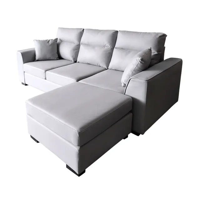 【Hampton 漢汀堡】湯瑪斯L型沙發組-耐磨皮-岩石灰(L型沙發/3人座/耐磨皮/含腳凳/皮沙發)