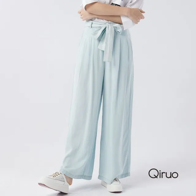 【Qiruo 奇若名品】春夏專櫃水藍色寬褲2067C 布料滑順蝴蝶結(M-XL)