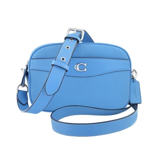 【COACH】專櫃款荔枝紋皮革斜背相機包-藍色(買就送璀璨水晶觸控筆)