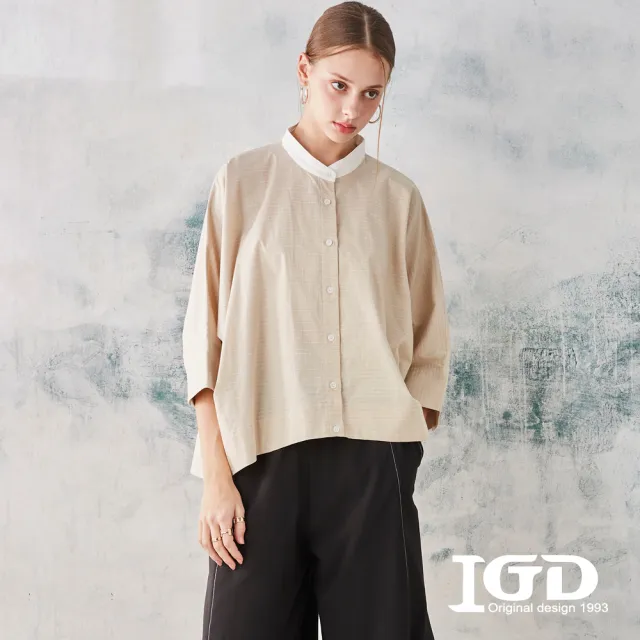 【IGD 英格麗】網路獨賣款-寬版立短袖領襯衫(粉色)