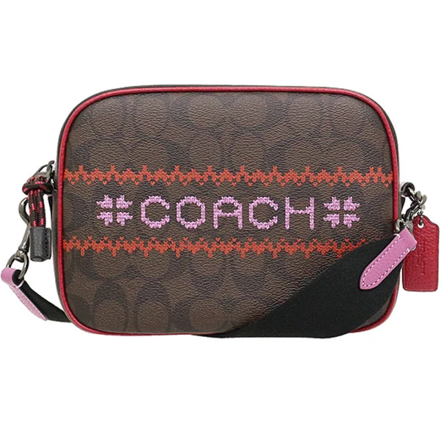 COACH 紅x深咖啡PVC粉紅刺繡印花LOGO小款單拉鍊相機斜背包