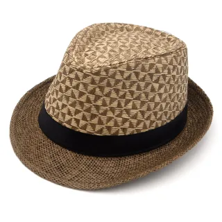 【AnnaSofia】遮陽帽防曬帽網美渡假草帽海灘帽紳士帽爵士帽-三角騰黑帶 現貨(咖系)