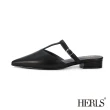 【HERLS】穆勒鞋-全真皮尖頭T字瑪莉珍低跟穆勒鞋(黑色)