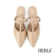【HERLS】穆勒鞋-全真皮尖頭T字瑪莉珍低跟穆勒鞋(奶茶色)