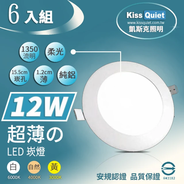 【KISS QUIET】超薄 12W LED崁燈 15.5cm開孔- 6入(崁燈 吸頂燈 嵌燈 燈泡 軌道燈 面板管)