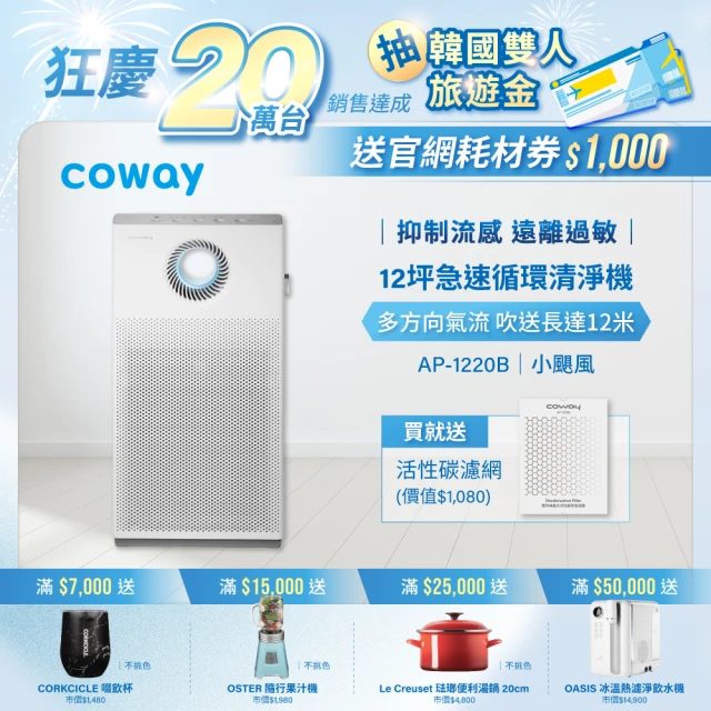 【Coway】5-12坪 急速循環空氣清淨機AP-1220B(完整兩年免購耗材)