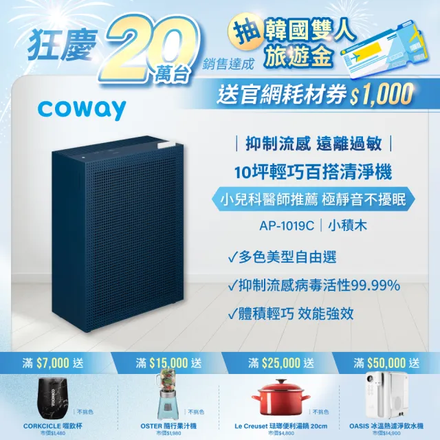 【Coway】5-10坪 綠淨力玩美雙禦空氣清淨機 AP-1019C_海軍藍