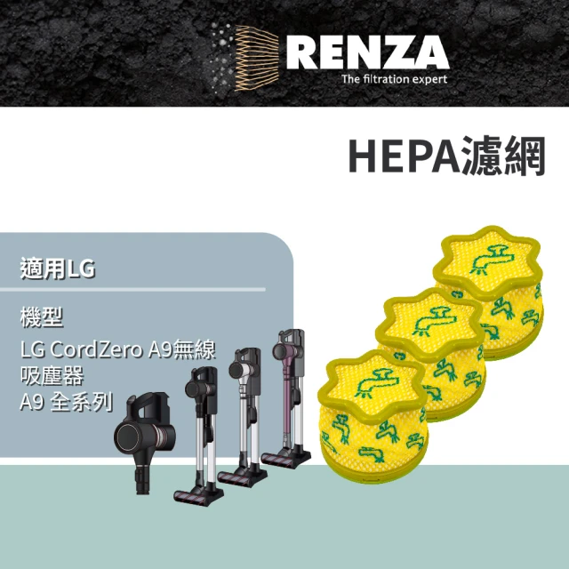 【RENZA】適用 LG 樂金 A9 全系列 LG CordZero A9無線吸塵器(HEPA 集塵濾網 濾芯 濾心 3入組)